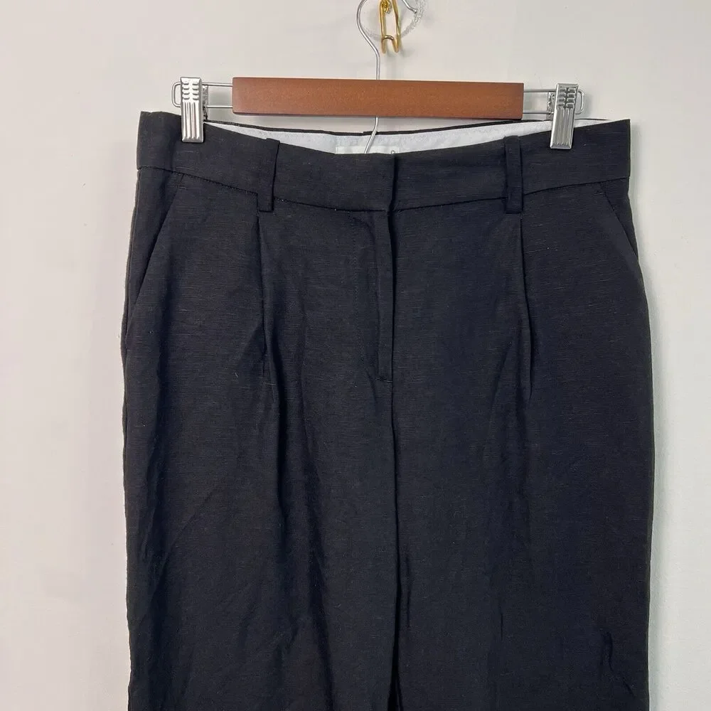 H&M Womens Pants Linen Blend Size 6 Pleated Front Pockets Black